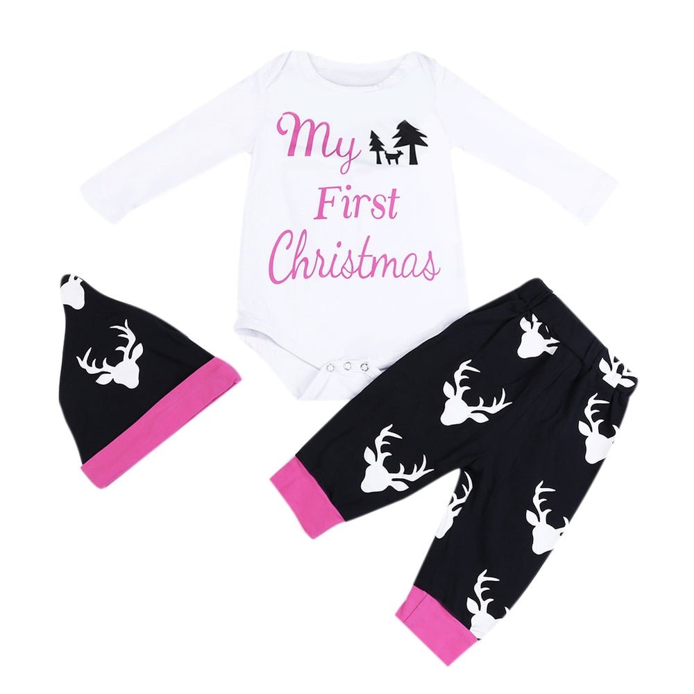 3pcs Baby My first Christmas Clothing Rompers Set White Long Sleeve Tops Romper Reindeer Pants+Hat Outfits Clothes